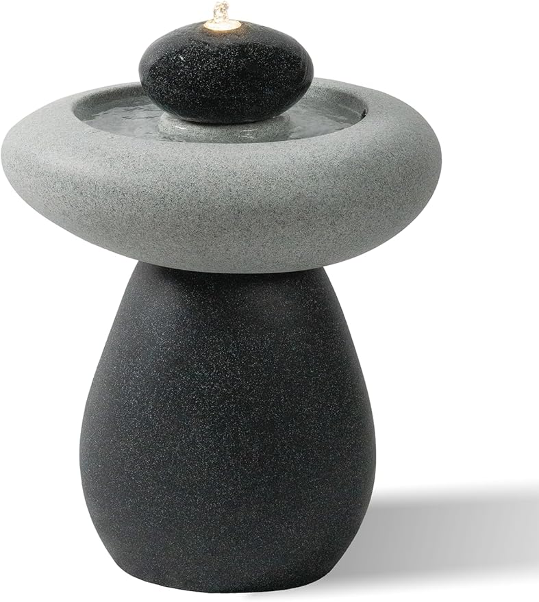 24.02" H Outdoor Water Fountain Made with Eco-Friendly Recyclable Materials, Polyethylene Rock Waterfall Outdoor Fountain, Garden Decor with LED Light & Pump for Patio, Backyard