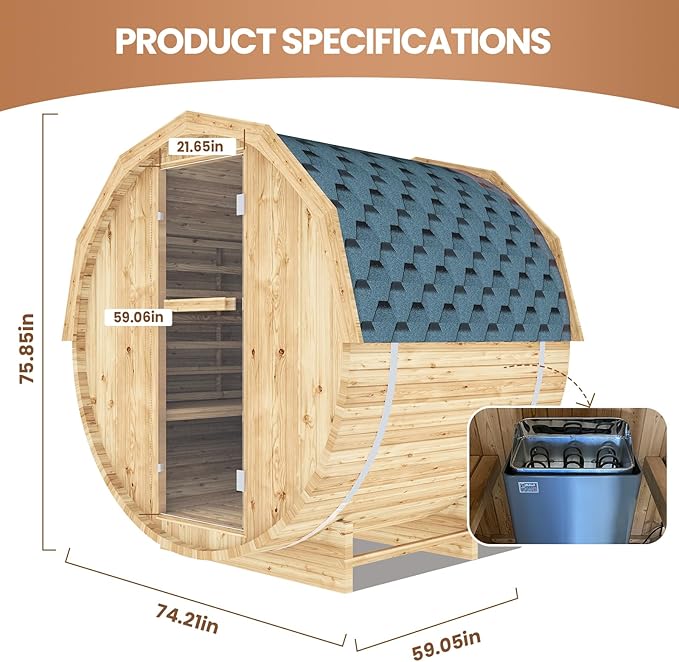 Outdoor Barrel Sauna 4 Person Traditional Steam Sauna 220V Wood Personal Spa Room with 4.5KW Heater Thermometer Hourglass Cup Holders 59''x74.21"x75.85"