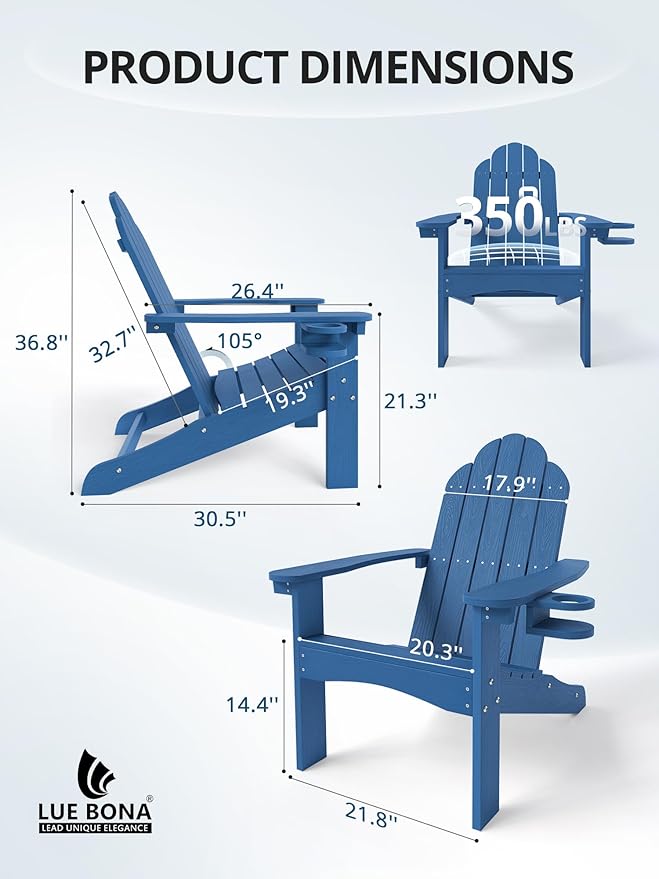 LUE BONA HDPE Adirondack Chairs Set of 2,Plastic Adirondack Chairs with Cup Holder Weather Resistant for Outdoor, Patio, Lawn, Garden, Backyard Deck, Fire Pit, Blue