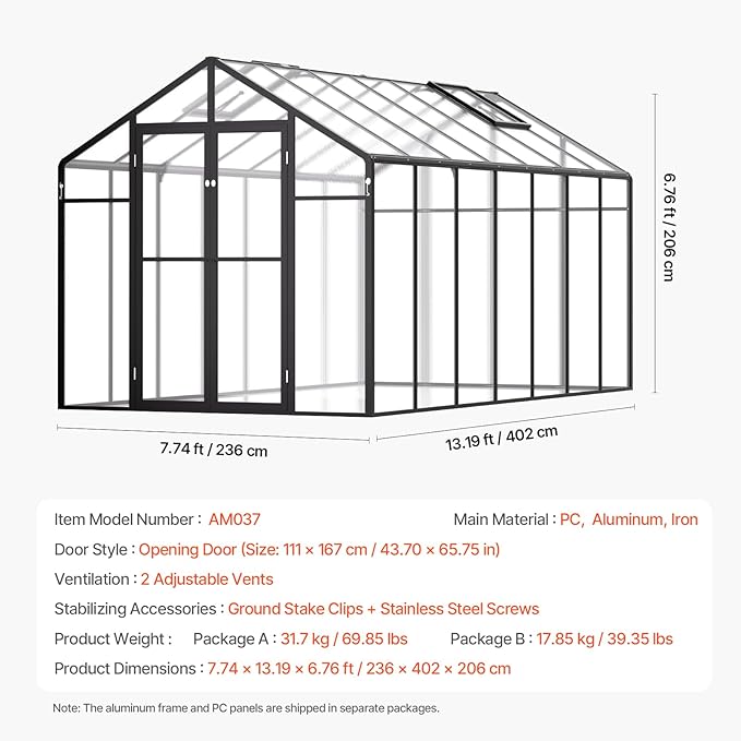 VEVOR Polycarbonate Greenhouse, 8 x 14 Ft, Outdoor Greenhouse with 2 Vent Windows, Pavilion Styled Greenhouse with Hinged Door, Aluminum Large Walk-in Greenhouse Kit for Outside Garden Backyard