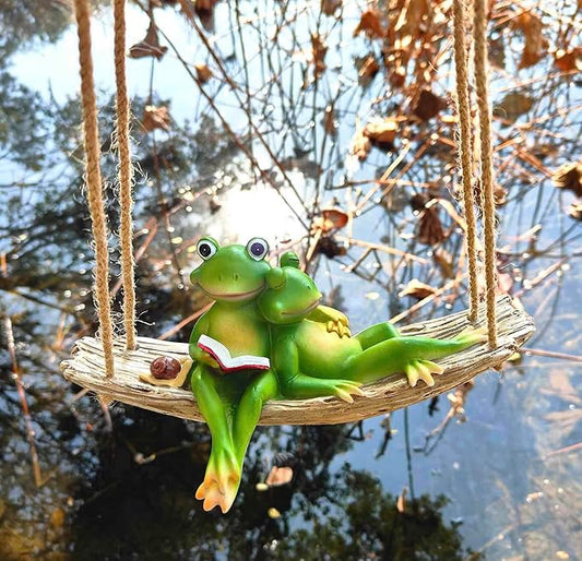 Artisan Flair Hanging Swing Frog Statues - Frog Statues for Garden Outdoors, Reading Book Frog Figurine, Resin Couple Decor for Garden, Balcony, Tree Decoration