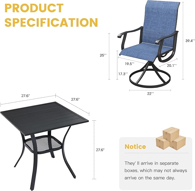 VICLLAX 3 Pieces Patio Dining Set Includes 28" Square Small Outdoor Table and 2 Patio Swivel Chairs for Lawn Garden, Black Tabletop and Blue Fabric