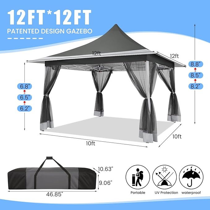 COBIZI 12x12 Pop up Gazebo on Clearance with Mosquito Netting,Waterproof Roof & Sandbags,Outdoor Canopy Tent with 4 Ropes,8 Stakes&Carrying Bag,Portable Patio Gazebo for Garden,Backyard&Lawn,Darkgrey