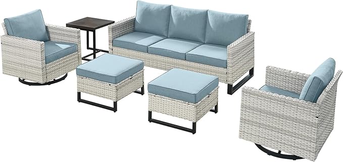 Wicker Outdoor Patio Furniture Set - 6 Piece Patio Conversation Set with 2 Swivel Rocker Chairs,2 Rattan Ottoman,1 Couch and 1 Metal Side Table for Outside Porch Deck Backyard(Light Grey/Sky Blue)