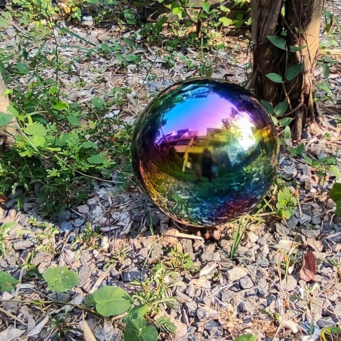35cm/14 inch Garden Sphere Mirror Gazing Ball,Rainbow Stainless Steel Polished Reflective Smooth Hollow Globe Ball,Durable Colorful and Shiny Decorations Addition to Garden Patio Yard Home