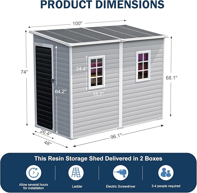 CDCASA 4x8 FT Resin Lean to Shed, Waterproof Outdoor Storage Shed with Floor and Adjustable Openable Windows,Outside Plastic Tool Shed for Backyard Garden Patio Lawn