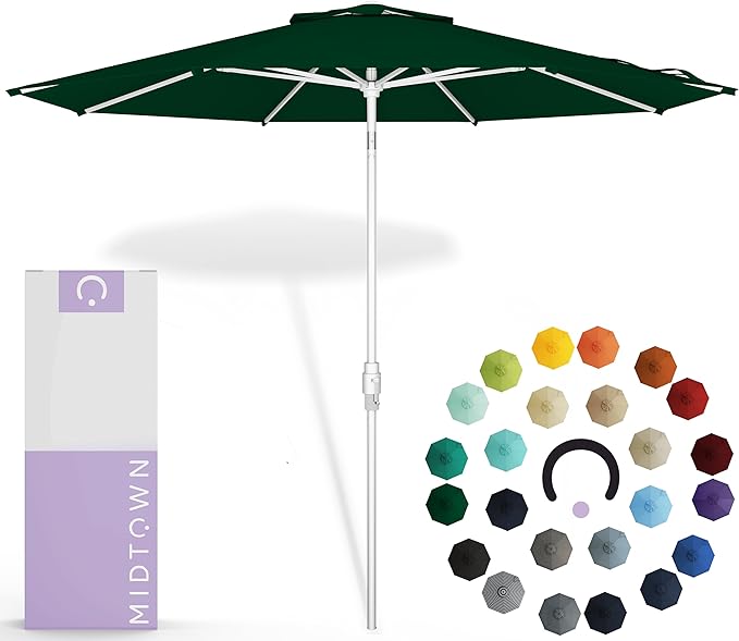 Midtown Umbrellas The Swilt 10 Feet Patio Umbrella in Sunbrella Forest Green Acrylic Fabric - Fiberglass Ribs, Auto-Tilt Aluminum Frame For Backyard, Deck, Garden, Pool - White Pole