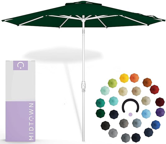 Midtown Umbrellas The Swilt 10 Feet Patio Umbrella in Sunbrella Forest Green Acrylic Fabric - Fiberglass Ribs, Auto-Tilt Aluminum Frame For Backyard, Deck, Garden, Pool - White Pole