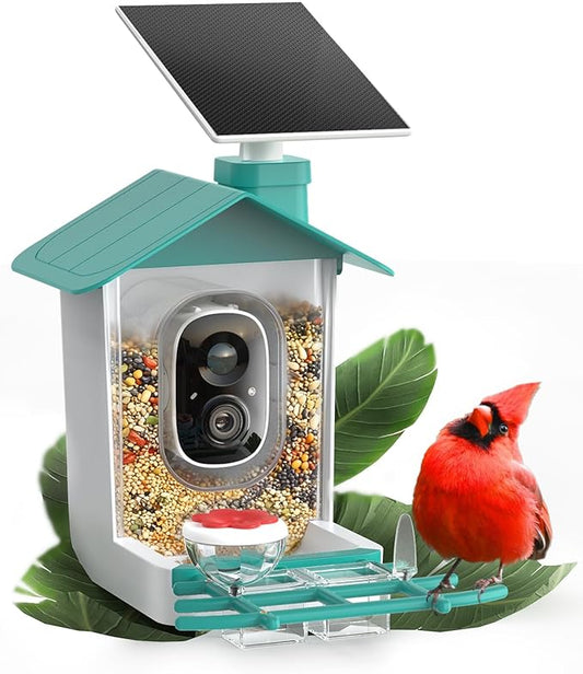 COOAU 2K Smart Bird Feeder with Camera, Faster Solar Powered Charging, Outdoor Birdhouse Cam with Precise AI Birds Recognition, Live Video Watching and Notifications, Ideal Gift for Bird Lovers, Blue