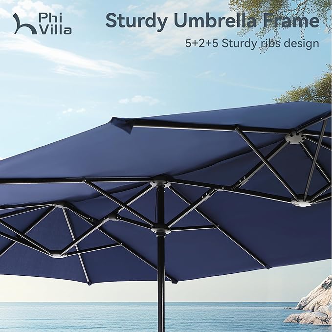 PHI VILLA 13ft Outdoor Market Umbrella Double-Sided Twin Large Patio Umbrella with Crank, Navy Blue