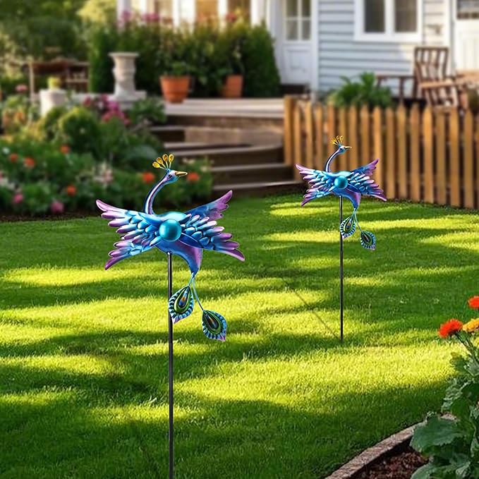 WONDER GARDEN Wind Spinners Outdoor - 2 Pack Small Metal Blue Peacock Wind Spinner Windmill, Wind Sculpture for Yard Patio Lawn Decor