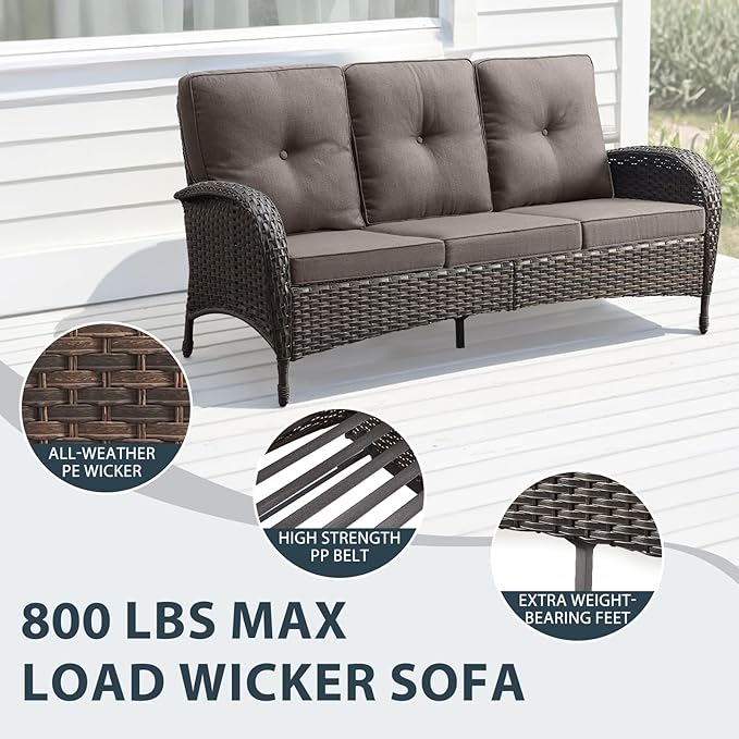 6 Piece Patio Furniture Set - Wicker Patio Conversation Set with Swivel Glider, 3-Seater Sofa, Tempered Glass Side Table and 2 Ottomans for Deck Backyard - Brown Wicker Grey Cushion
