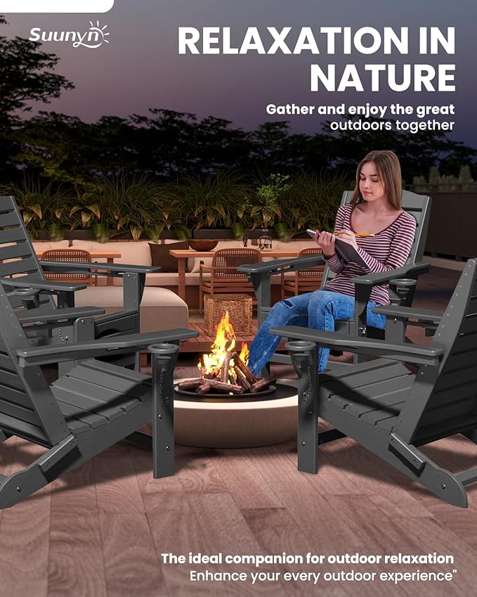 Folding Adirondack Chair with Retractable Ottoman Weather Resistant Fire Pit Chair Patio Chair with 2 Cup Holder Lawn Outdoor Lounge Chairs (Grey)