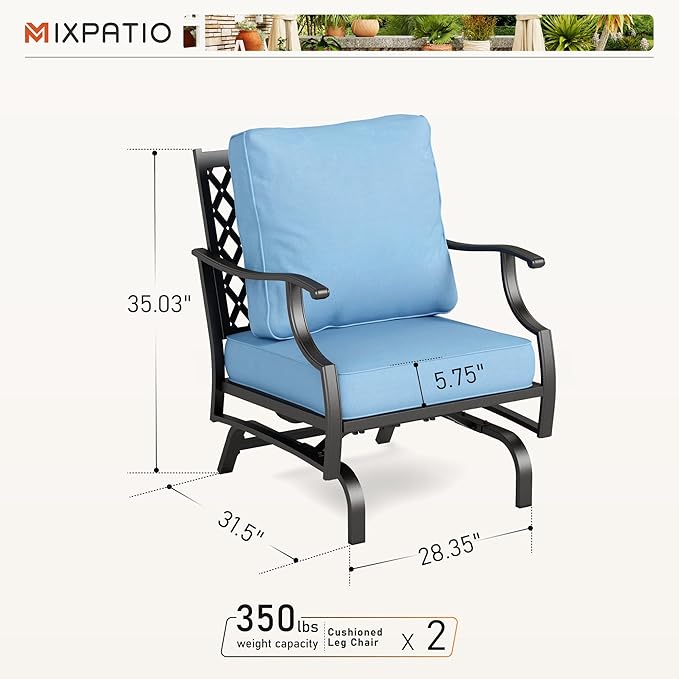 Patio Chairs Set of 2, High Back Outdoor Patio Metal Chairs with 5.75" Thick Cushions for Bistro Balcony Porch Deck and Yard, Blue