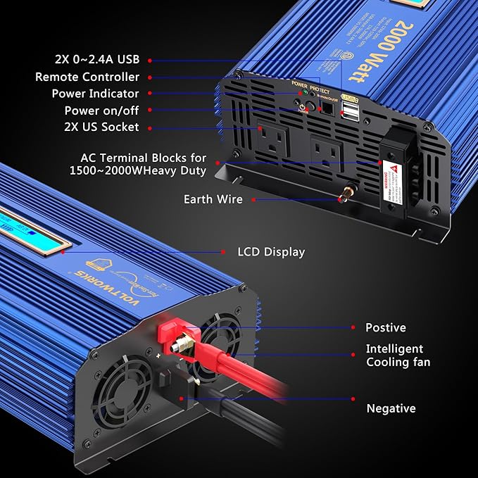 2000Watt Pure Sine Wave Power Inverter 12V DC to 110V 120V AC ETL UL458 Compatible with Lithium Battery Starlink for Off-Grid Solar RV Home Truck with 2.4A USB Ports & 1AC Terminal Block by VOLTWORKS