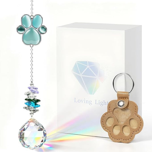 Pet Memorial Gifts for Loss of Dog or Cat, AVIMO Crystal Suncatcher with Rainbow Light Effect and Paw Print Design, Includes Fur Keepsake Keychain, Sympathy Gift Set for Remembrance & Bereavement