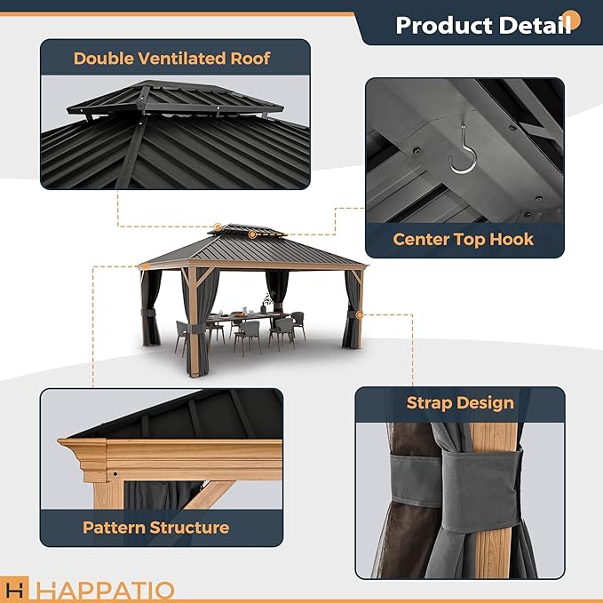HAPPATIO 12' x 16' Hardtop Gazebo, Outdoor Wood Grain Frame Aluminum Gazebo, Double Roof Permanent Patio Canopy with Netting and Curtains for Garden, Patio, Lawns, Parties (Grey)