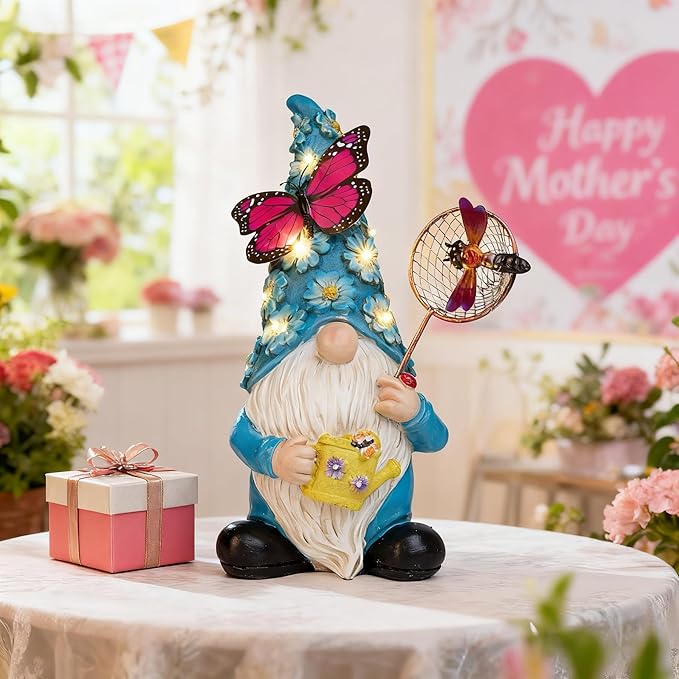Garden Gnome Statues Outdoor Decor Solar Gnomes with Butterfly on LED Lighted Flowers, Resin Blue Gnomes Sculpture for Patio Yard Lawn Onament Decoration