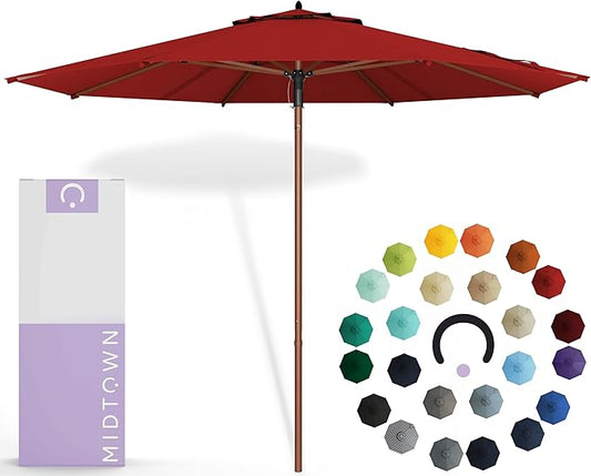 Midtown Umbrellas The Wooden 10 Feet Patio Umbrella With Sunbrella Red Acrylic Fabric - Aluminum Frame Market Umbrella For Backyard, Deck, Garden, Pool - Wooden Pole