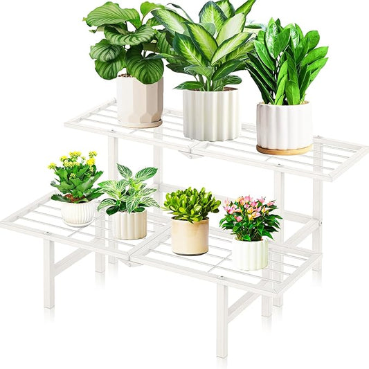 2 Tier Metal Foldable Plant Stand Outdoor Indoor Waterproof, Stackable Heavy Duty Outdoor Plant Shelf, Ladder Plant Stands Display Rack for Garden Window, White