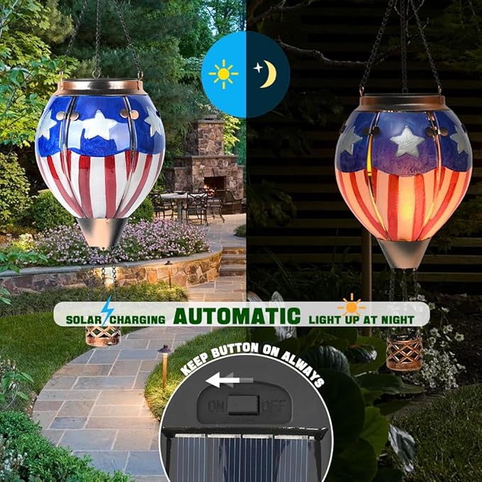 Hot Air Balloon Solar Lantern - U.S Flag Patriotic Glass Lantern, Simulated Flickering & Dancing Flame, Outdoor Hanging Yard Light Waterproof IP65, Ideal 4th of July Gift for Patriot Patio Decor