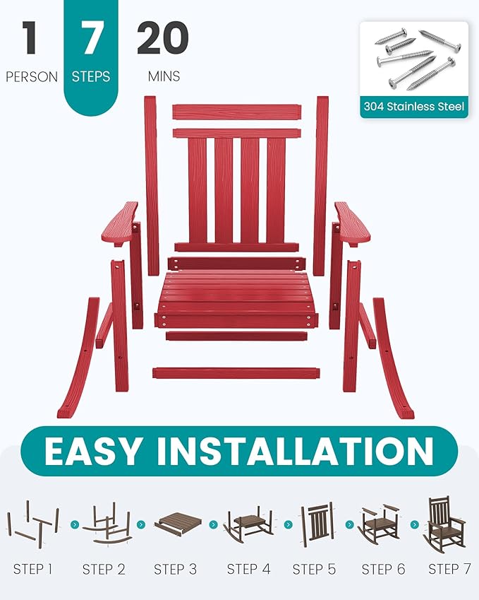 SERWALL Oversized Outdoor Rocking Chair Set of 2, HDPE Rocker for Adults, Patio Rocking Chairs for Porch, Red