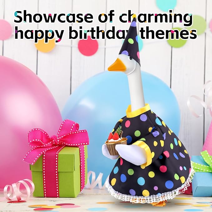 Happy Birthday Goose Outfit Porch Goose Outfits with Happy Birthday Cake Hat and Clothing for 23" Cement/Plastic Porch Goose Outdoor Statue Patio Yard Lawn Art