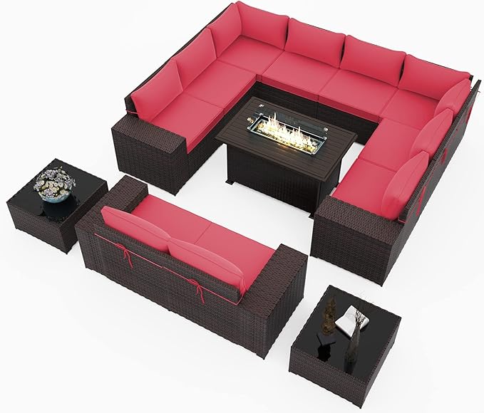 Outdoor Patio Furniture Set with Propane Fire Pit Table, 13 Pieces Outdoor Furniture Patio Sectional Sofa Conversation Sets w/ETL Approved 43" Gas Outdoor Fire Table & Coffee Table Red.