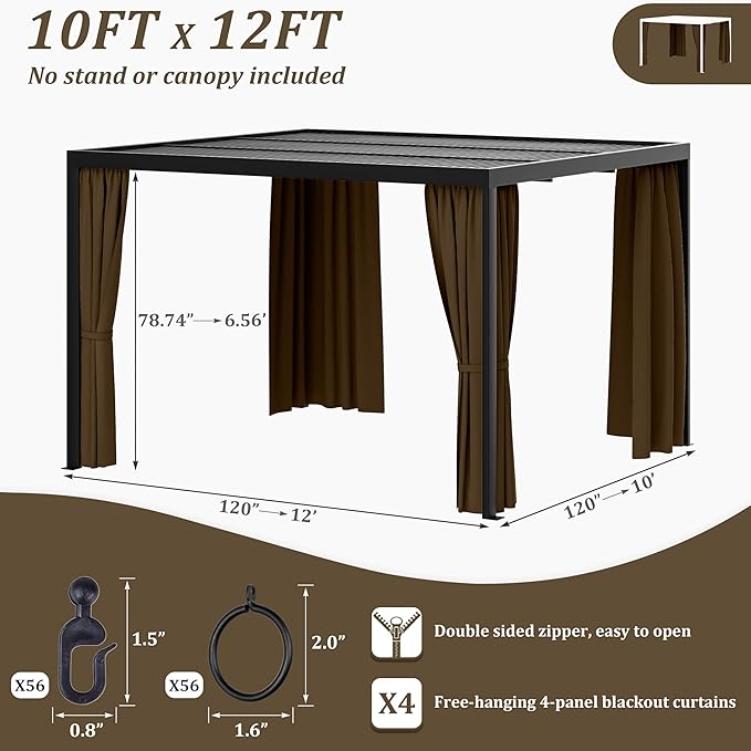 Gazebo Universal Replacement Privacy Curtain,10'×12' Gazebo Outdoor Waterproof Curtains, 4-Panels Sidewall Curtains with Double Zipper for Patio Canopy, Garden and Backyard (Curtain Only)