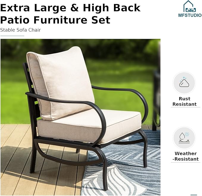 MFSTUDIO 5 Pieces Patio Conversation Sets,Outdoor Metal Furniture Sofas with 1 x 3-Seat Sofa, 2 x Sofa Chairs,2 x Ottoman,Wrought Iron Frame with Beige Cushion for Patio Courtyard Balcony