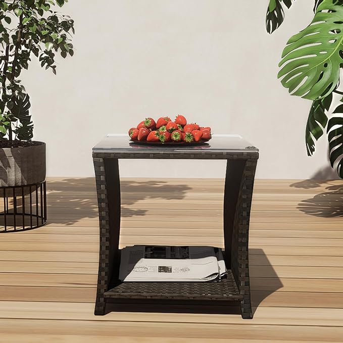 Outdoor Rattan Side Table, Modern Patio End Side Table with Glass Top and Storage Shelf, Wicker Side Table for Yard, Balcony, or Livingroom