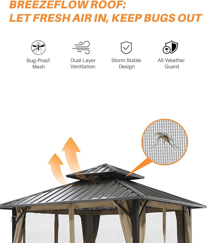 12' x 12' Hardtop Gazebo, Aluminum Frame Patio Hardtop Gazebos with Netting and Curtain, Outdoor Patio Pergola, Outdoor Patio Gazebo with Double Metal Roofs for Lawns, Garden, Deck, Sandstone