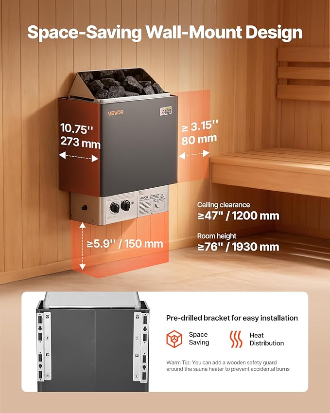 VEVOR Sauna Heater, 2KW AC 120V Electric Sauna Stove, Dry Steam Bath Saunas Stove with Pre-Drilled Bracket, Fit 52.9 to 88.2 CU.FT Saunas Rooms, Steam Bath Stoves for Home, Commercial, Leisure Venues
