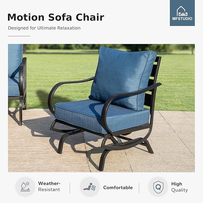 MFSTUDIO 4 Piece Patio Conversation Sets, All Weather Metal Frame Outdoor Furniture Set Patio Sofas with 1 x 45 Rectangular Fire Pit Table, 1 x 3-Seat Sofa, 2 x Rocking Chairs, Peacock Blue Cushion