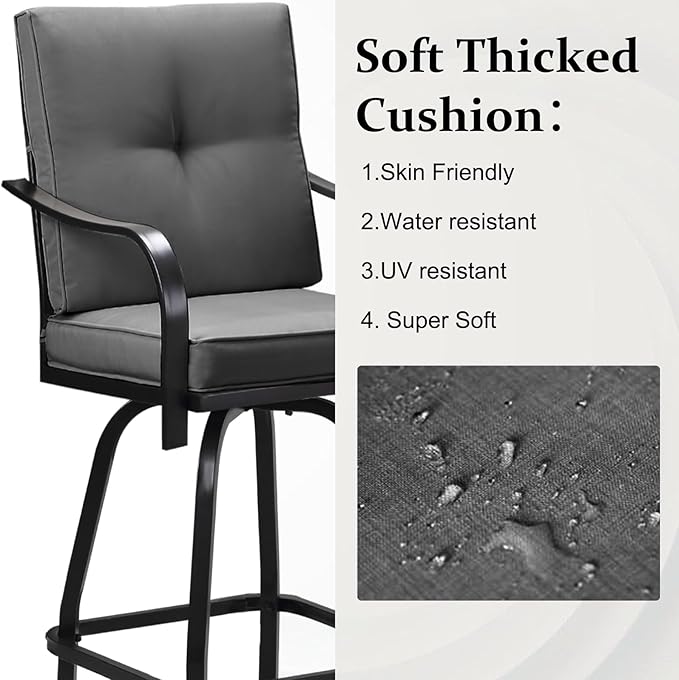 Patio Swivel Bar Stools, Outdoor High Back Swivel Bar Stool Chair Set of 2 with Cushion & All Weather Steel Frame, Dark Gray
