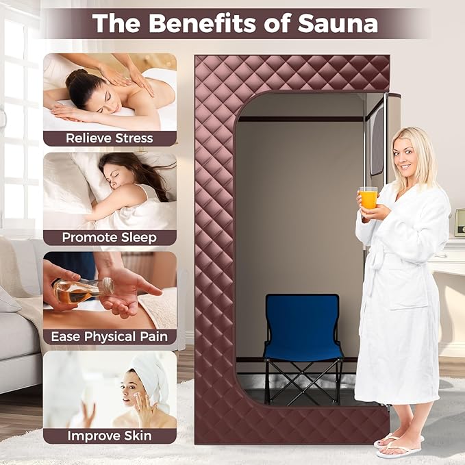 Giantex Portable Sauna Box, Full Body Steam Sauna for Home with 3L Generator, Remote Control, Folding Chair & Wooden Foot Roller, Lightweight Single Person Sauna Tent, 36" x 36" x 72", Coffee