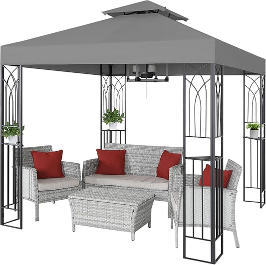 COOS BAY 8x8 Outdoor Patio Gazebo with Corner Shelves, Two-Tier Soft Top Canopy for Backyard, Lawn, Deck and Garden, Gray
