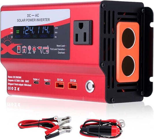 600W Car Power Inverter, 12V/24V Car Plug Adapter Outlet Converter with Dual Type C, Dual USB Dual, Dual Cigar Lighter, Single AC Outlet for Cars Trucks US Plug (Red)