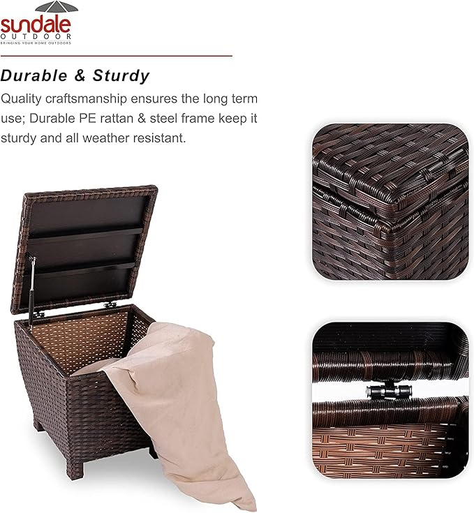 Sundale Outdoor Small Deck Storage Box with Lid, 13 Gallon Outdoor Bin Storage Container for Hose Cushion Towel, Patio Fully Assembled Brown Wicker Side Table with Storage - Rattan