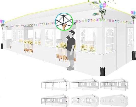 COBIZI 10x30 Pop Up Canopy with Sidewalls 10x30 Party Tent Outdoor Wedding Event Canopies for Parties UPF 50+ Windproof Waterproof Gazebo with Air Vent, Wheeled Bag, Sandbag, Stake, Rope, White