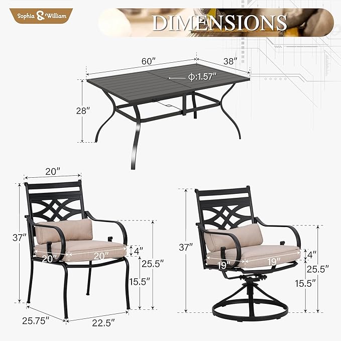 Sophia and William Outdoor Patio Dining Set for 6, Outdoor Table and Chairs, Removable Seat Cushions, 4 Fixed Chairs, 2 Swivel Patio Dining Chairs, 60" Black Patio Dining Table
