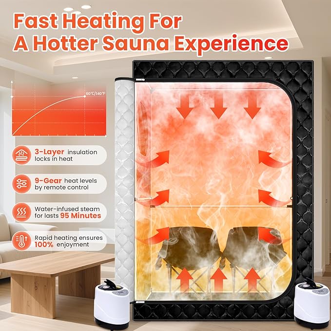 2 Person Sauna, Upgraded Portable Sauna for Home, Extra Large Personal Steam Sauna Box with 2 Steamer, 2 Folding Chair, 71”x 49”x 36”, Full Body Steam Tent at Home Sauna for Relaxation Spa, Black