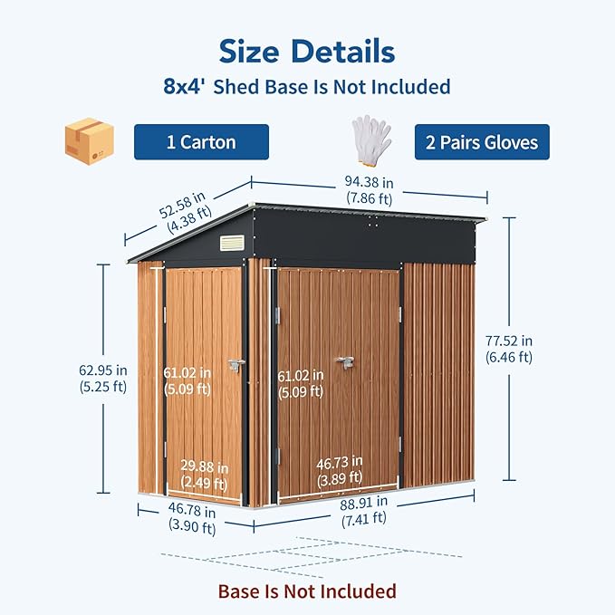8x4 Ft Outdoor Metal Shed, Storage Shed with Triple Lockable Doors, Front & Side Door for Easy Access, Large Garden Tool Shed for Backyard, Patio, Lawn & Utility Storage