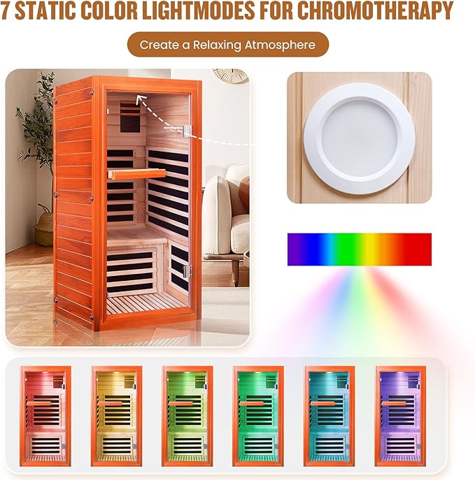 Sauna, Far Infrared Saunas for Home 1 Person Wooden Sauna 1065W/120V Low Emf Dry Sauna Indoor Sauna Room with Tempered Glass Door/Speakers/Air Hole and Colored Lighting - 31.5 * 31.5 * 63 in