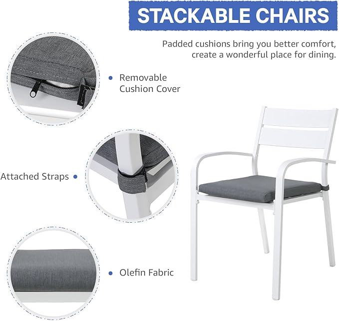 Soleil Jardin Outdoor Aluminum 2-Piece Patio Dining Chairs with Cushions, Stackable Bistro Chairs for Balcony, Garden, Backyard, White Finish & Grey Cushion