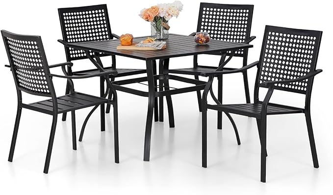 Sophia & William Patio Table and Chairs Set, Outdoor Dining Set for 4, 5 Piece Metal Patio Furniture, 37" Black Square Table(Beehive)
