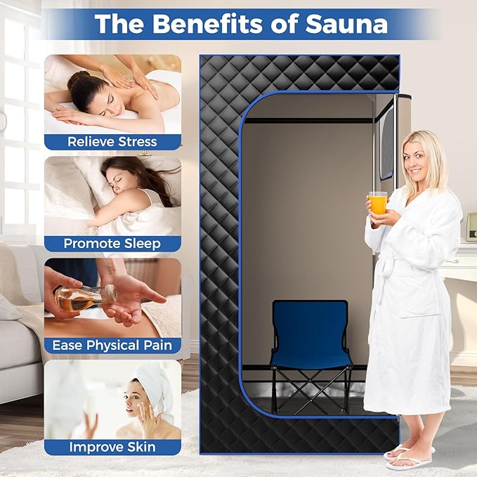 Giantex Portable Sauna Box, Full Body Steam Sauna for Home with 3L Generator, Remote Control, Folding Chair & Wooden Foot Roller, Lightweight Single Person Sauna Tent, 36" x 36" x 72" (Blue+Black)
