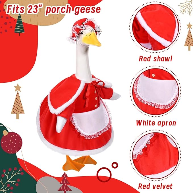 Mrs. Claus Porch Goose Outfits Christmas Lawn Goose Clothes Fits 23" Cement Plastic Goose Statue for Christmas Outdoor Garden Yard Patio Statue Art Decoration