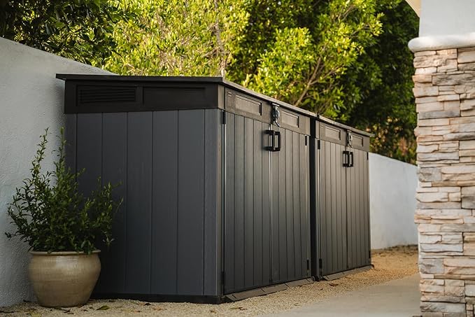 Keter Cortina Mega Ft All-Weather Outdoor Resin Horizontal Storage Shed for Outdoor Yard and Garbage Bin Storage with Lockable Doors, Graphite