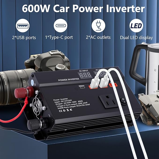 600W Car Power Inverter, 12V/24V Car Plug Adapter Outlet Converter with 1 Type C Port, 3 USB Ports, Dual AC Outlets for Cars Trucks US Plug (Black)